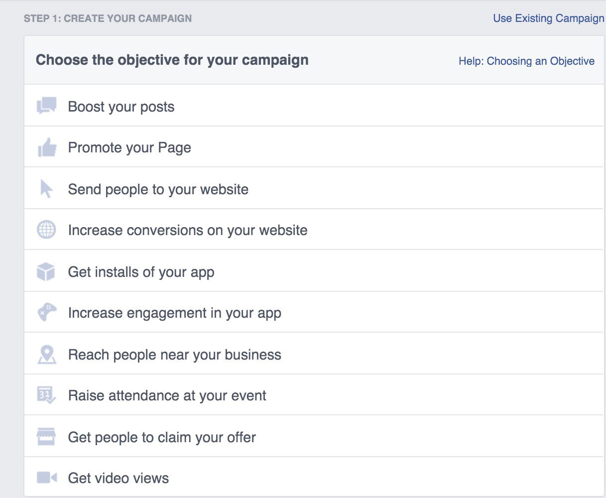 Facebook marketing objective.